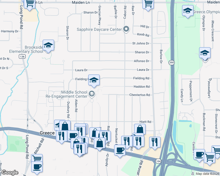 map of restaurants, bars, coffee shops, grocery stores, and more near 219 Haddon Road in Rochester