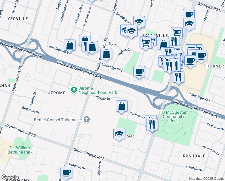 map of restaurants, bars, coffee shops, grocery stores, and more near 98 Newport Crescent in Hamilton