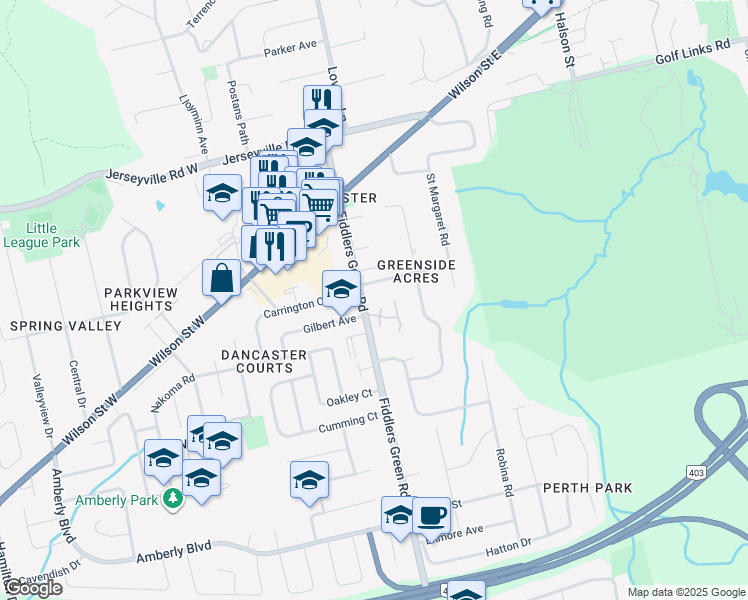 map of restaurants, bars, coffee shops, grocery stores, and more near 175 Fiddlers Green Road in Hamilton