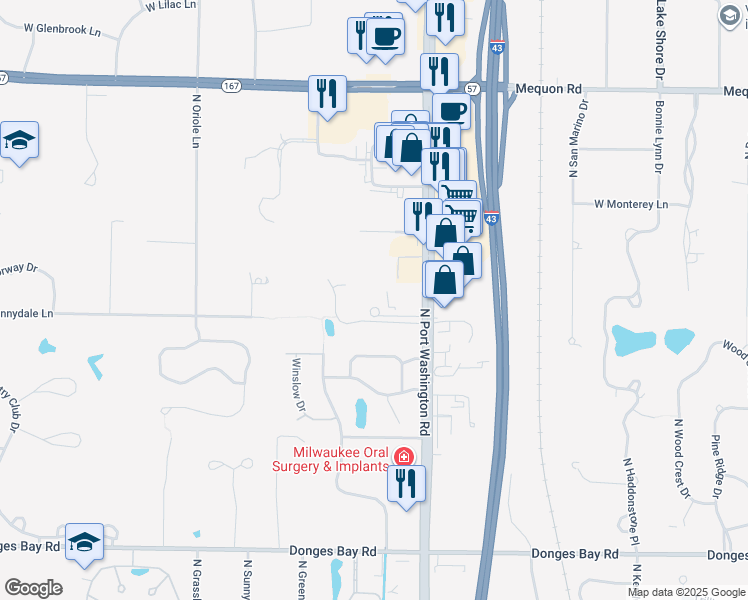 map of restaurants, bars, coffee shops, grocery stores, and more near 10803 North Port Washington Road in Mequon