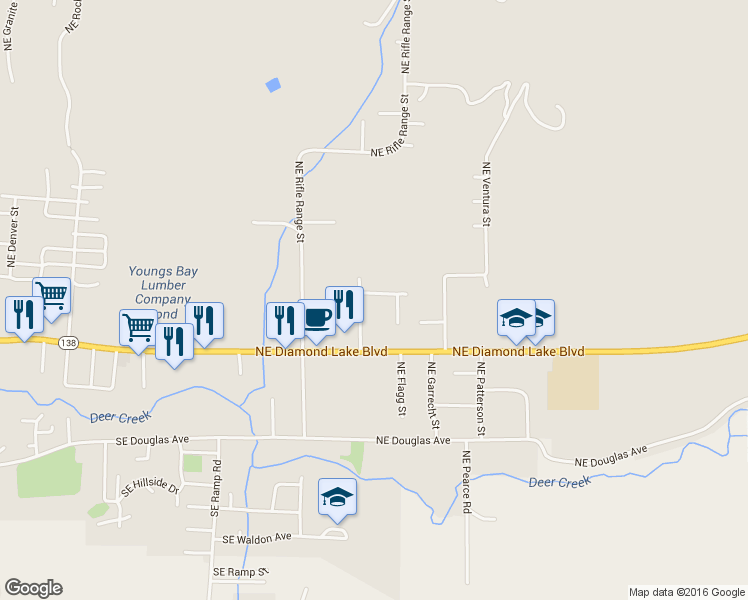 map of restaurants, bars, coffee shops, grocery stores, and more near 504 Northeast Cummins Street in Roseburg