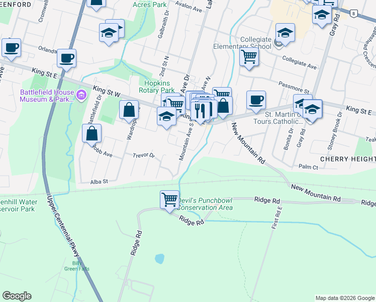 map of restaurants, bars, coffee shops, grocery stores, and more near 20 Elm Avenue in Hamilton