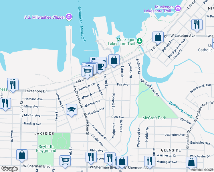 map of restaurants, bars, coffee shops, grocery stores, and more near 1907 Harrison Avenue in Muskegon