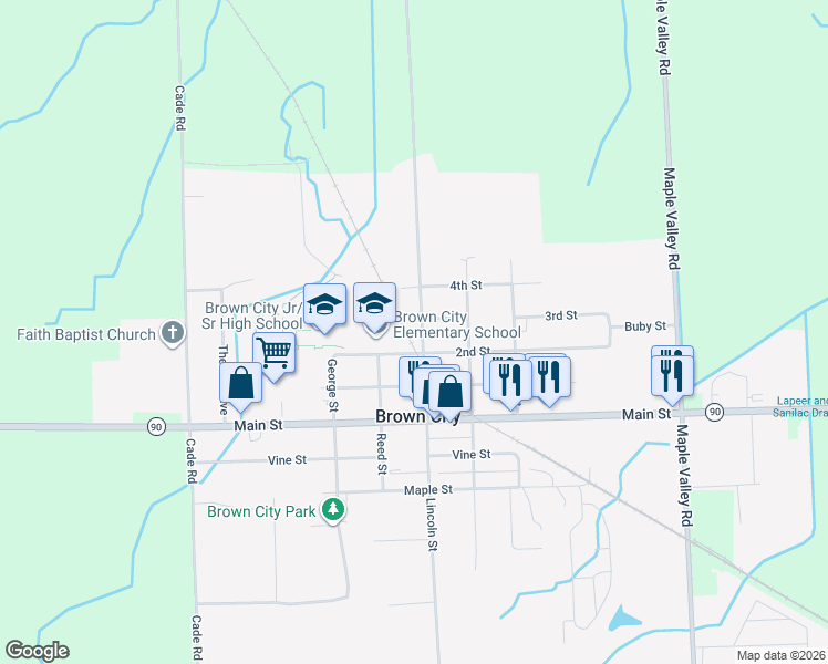 map of restaurants, bars, coffee shops, grocery stores, and more near 6842 Saint Marys Street in Brown City