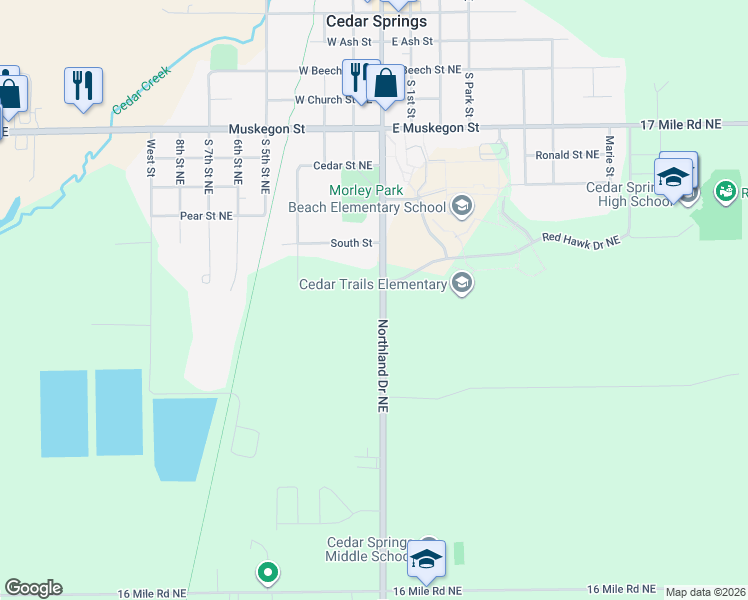 map of restaurants, bars, coffee shops, grocery stores, and more near 13675 Northland Drive in Cedar Springs