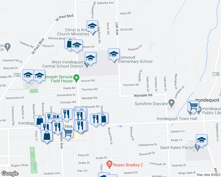 map of restaurants, bars, coffee shops, grocery stores, and more near 170 Thornton Road in Rochester