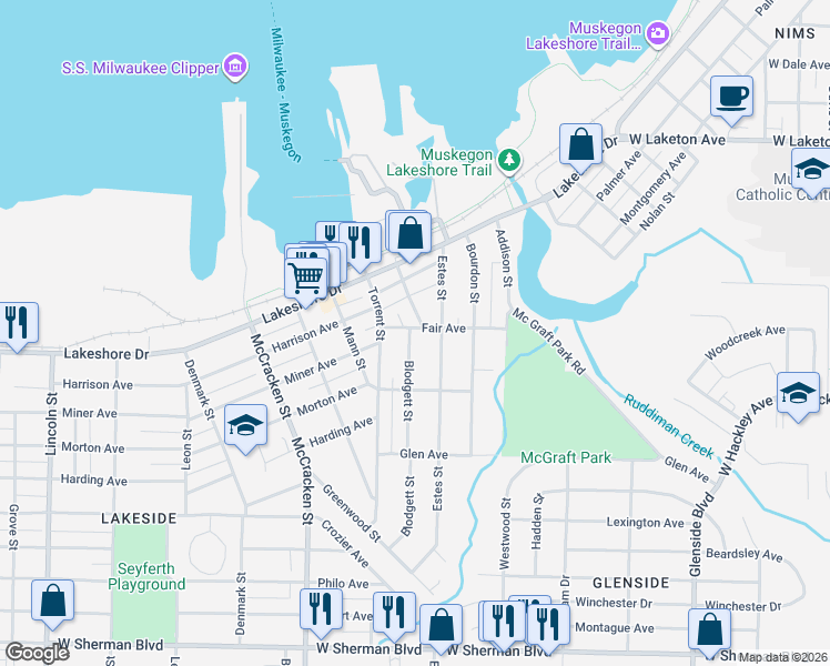 map of restaurants, bars, coffee shops, grocery stores, and more near 2085 Blodgett Street in Muskegon