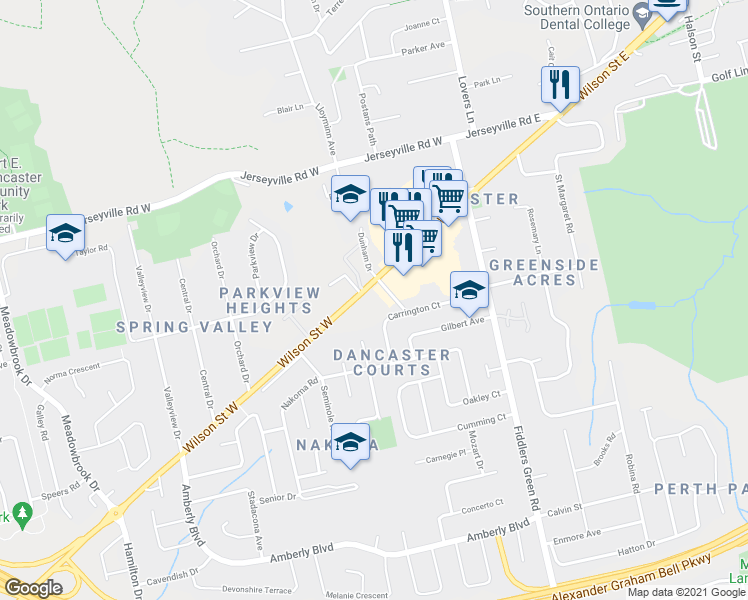 map of restaurants, bars, coffee shops, grocery stores, and more near 98 Wilson Street West in Hamilton