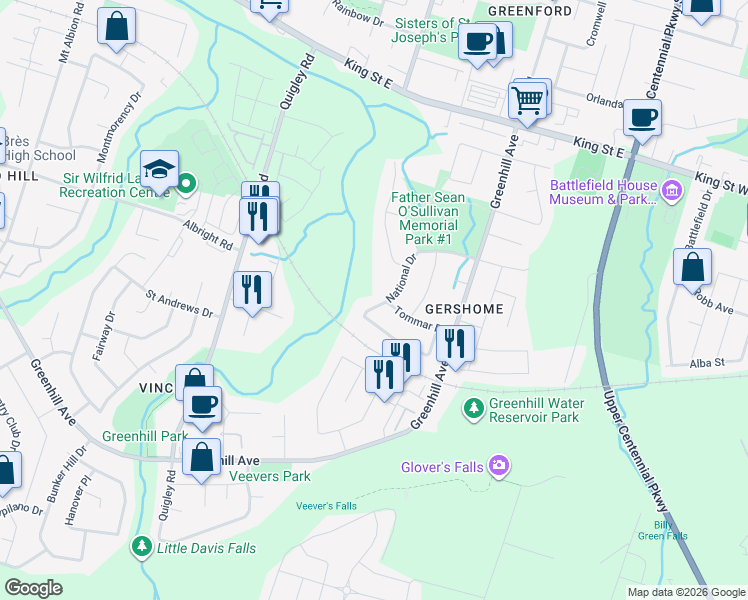 map of restaurants, bars, coffee shops, grocery stores, and more near 100 National Drive in Hamilton
