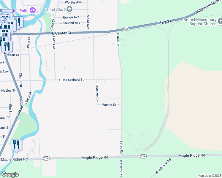 map of restaurants, bars, coffee shops, grocery stores, and more near 600 Bates Road in Medina