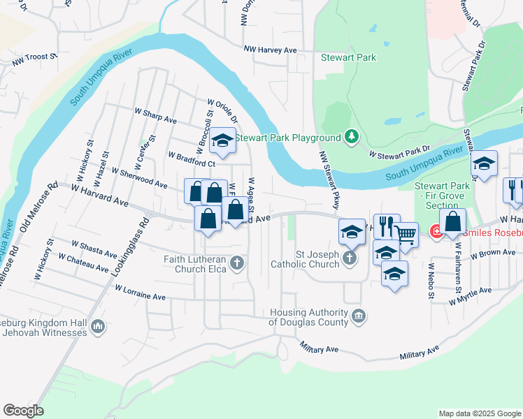 map of restaurants, bars, coffee shops, grocery stores, and more near 555 West Agee Street in Roseburg