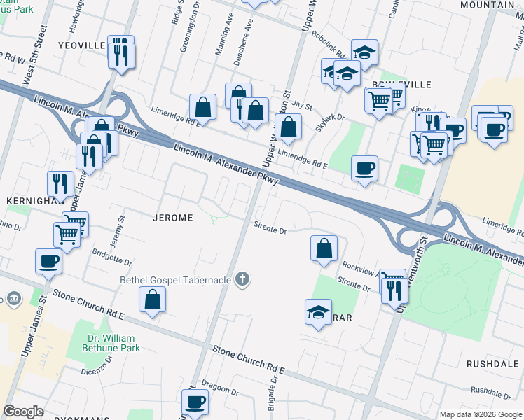 map of restaurants, bars, coffee shops, grocery stores, and more near 7 Sirente Drive in Hamilton