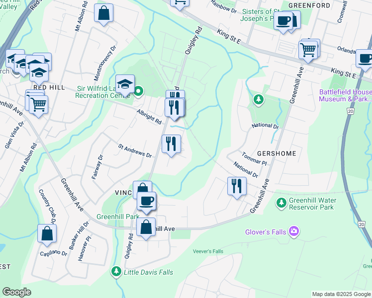 map of restaurants, bars, coffee shops, grocery stores, and more near 25 Tindale Court in Hamilton