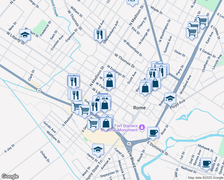 map of restaurants, bars, coffee shops, grocery stores, and more near 220 West Court Street in Rome