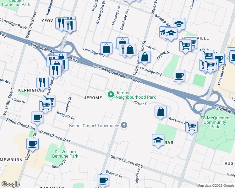 map of restaurants, bars, coffee shops, grocery stores, and more near 55 Towercrest Drive in Hamilton
