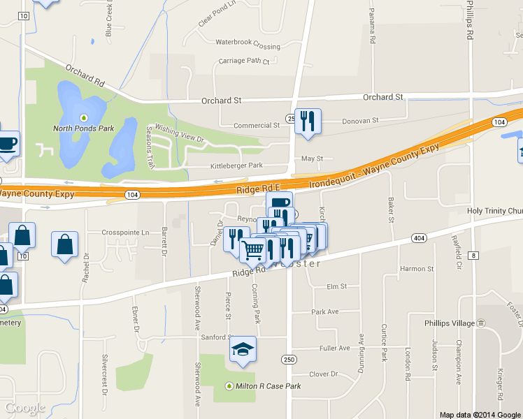 map of restaurants, bars, coffee shops, grocery stores, and more near 20 Walnut Circle in Webster