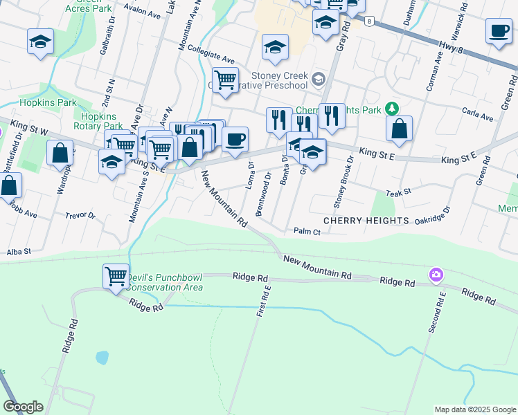 map of restaurants, bars, coffee shops, grocery stores, and more near Brentwood Drive in Hamilton