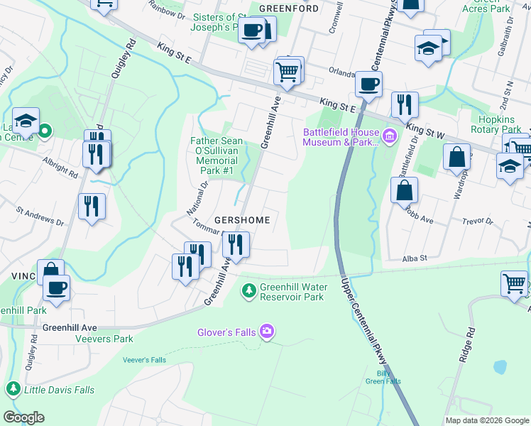 map of restaurants, bars, coffee shops, grocery stores, and more near 92 Nashville Circle in Hamilton