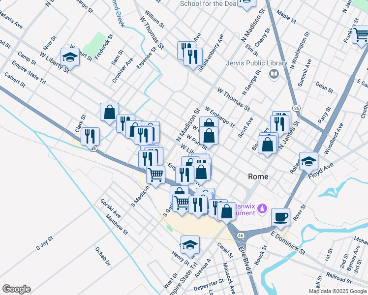 map of restaurants, bars, coffee shops, grocery stores, and more near 314 West Liberty Street in Rome