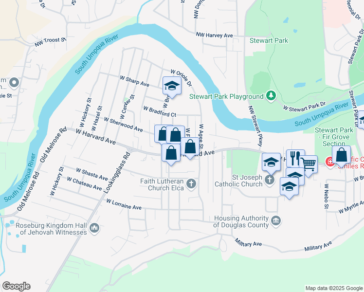 map of restaurants, bars, coffee shops, grocery stores, and more near 470 West Fair Street in Roseburg