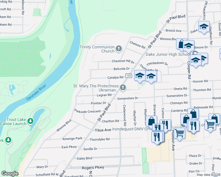 map of restaurants, bars, coffee shops, grocery stores, and more near 146 Leland Road in Rochester