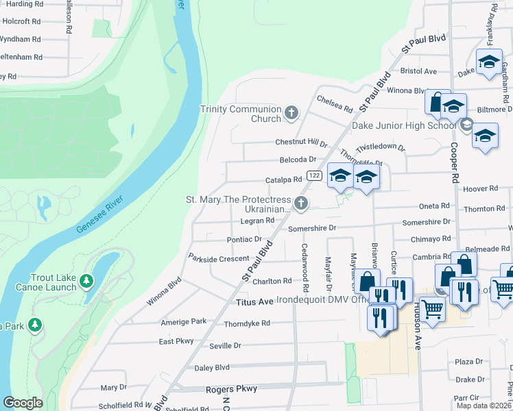 map of restaurants, bars, coffee shops, grocery stores, and more near 96 Leland Road in Rochester