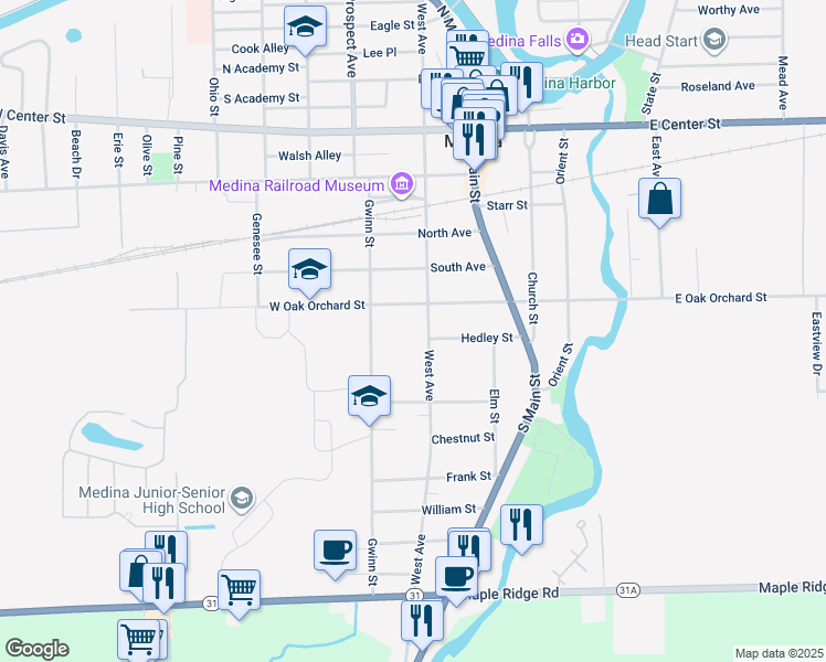 map of restaurants, bars, coffee shops, grocery stores, and more near 219 West Oak Orchard Street in Medina