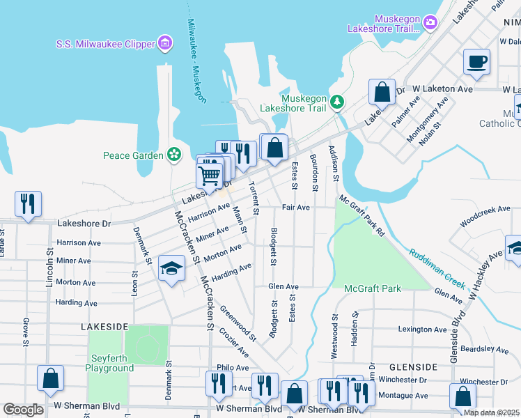 map of restaurants, bars, coffee shops, grocery stores, and more near 1907 Harrison Avenue in Muskegon