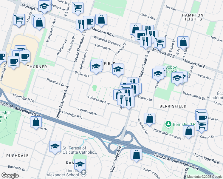 map of restaurants, bars, coffee shops, grocery stores, and more near 91 Jeremiah Court in Hamilton