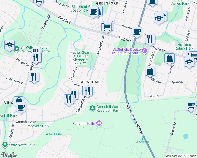 map of restaurants, bars, coffee shops, grocery stores, and more near 92 Nashville Circle in Hamilton