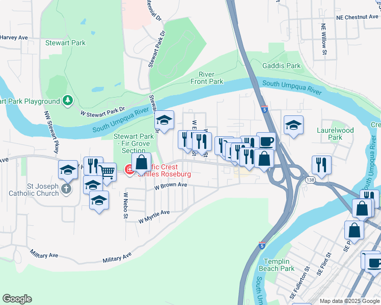 map of restaurants, bars, coffee shops, grocery stores, and more near 550 West Elizabeth Street in Roseburg