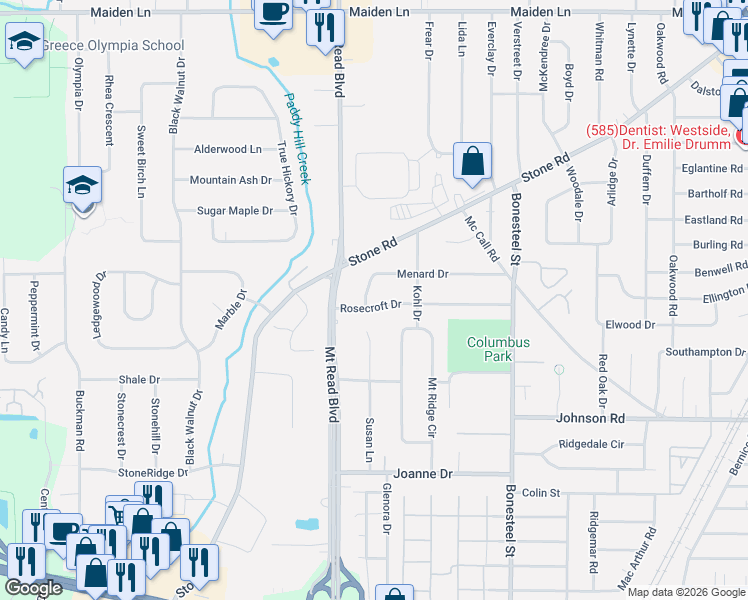 map of restaurants, bars, coffee shops, grocery stores, and more near 236 Menard Drive in Rochester