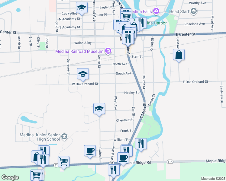 map of restaurants, bars, coffee shops, grocery stores, and more near 909 West Avenue in Medina