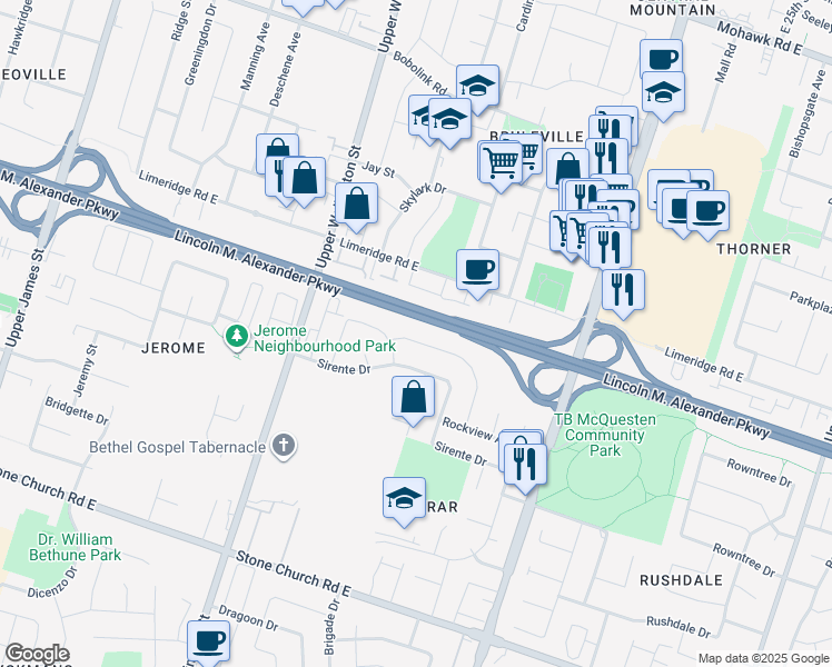 map of restaurants, bars, coffee shops, grocery stores, and more near 107 Merrilee Crescent in Hamilton