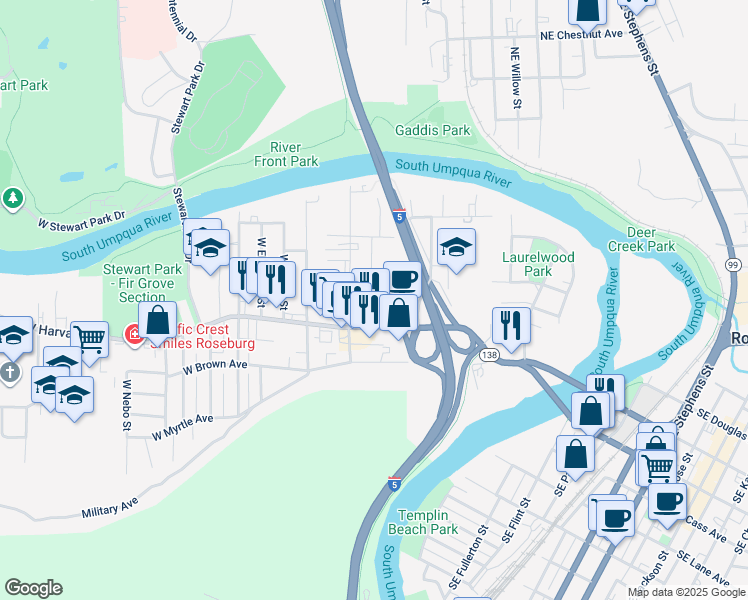 map of restaurants, bars, coffee shops, grocery stores, and more near 738 West Harvard Avenue in Roseburg