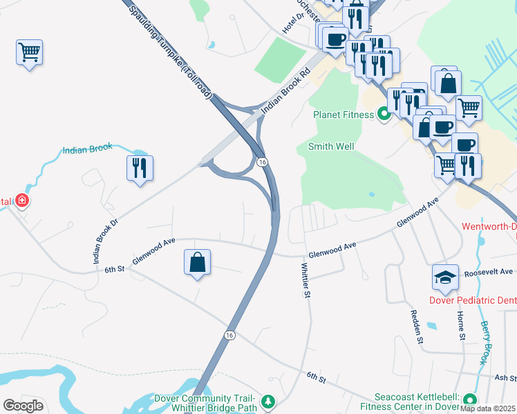 map of restaurants, bars, coffee shops, grocery stores, and more near 9 Crestview Drive in Dover