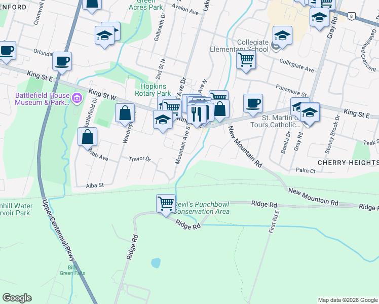 map of restaurants, bars, coffee shops, grocery stores, and more near 15 Maple Avenue in Hamilton