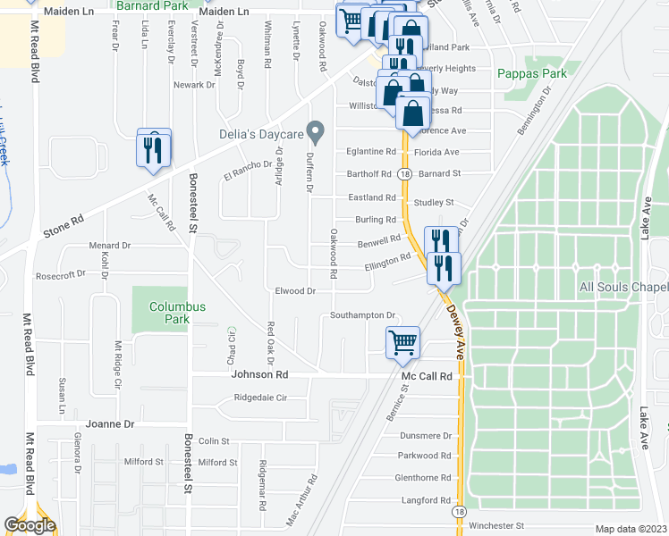 map of restaurants, bars, coffee shops, grocery stores, and more near 174 Oakwood Road in Rochester