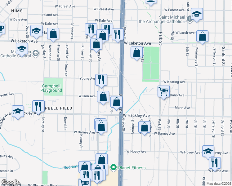 map of restaurants, bars, coffee shops, grocery stores, and more near 704 Wilson Avenue in Norton Shores