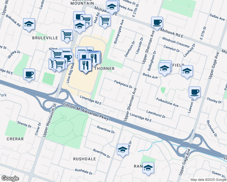 map of restaurants, bars, coffee shops, grocery stores, and more near 38 Rockway Court in Hamilton