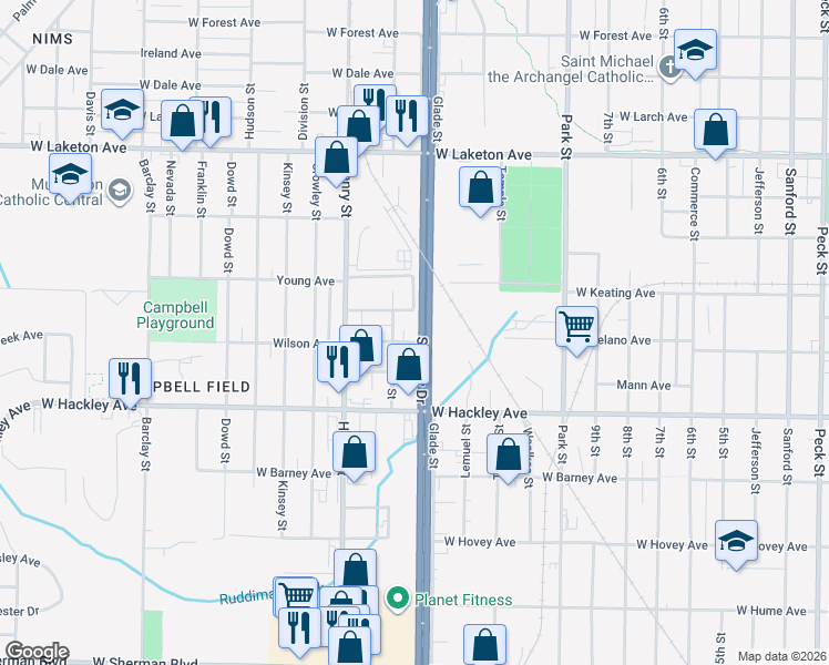 map of restaurants, bars, coffee shops, grocery stores, and more near 704 Wilson Avenue in Norton Shores