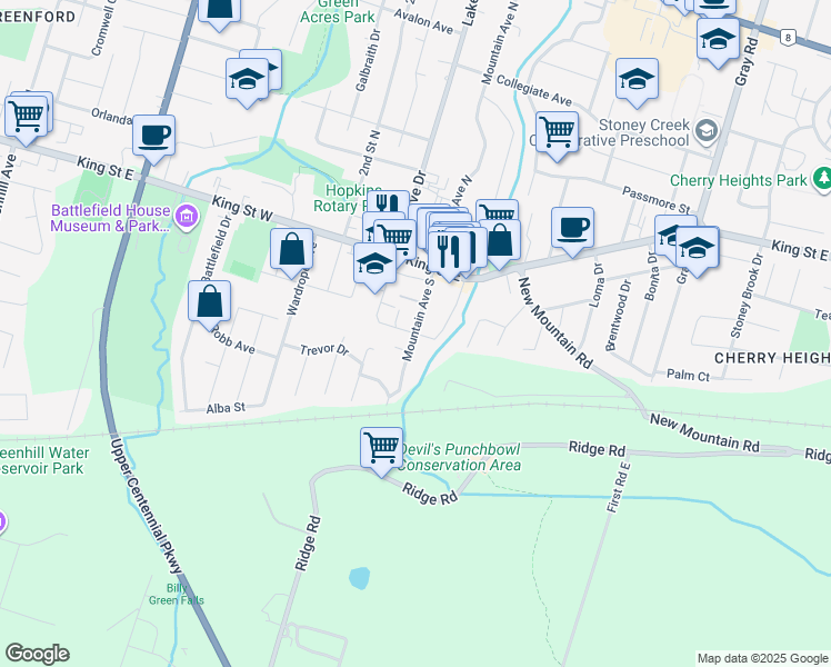 map of restaurants, bars, coffee shops, grocery stores, and more near Mountain Avenue South in Hamilton