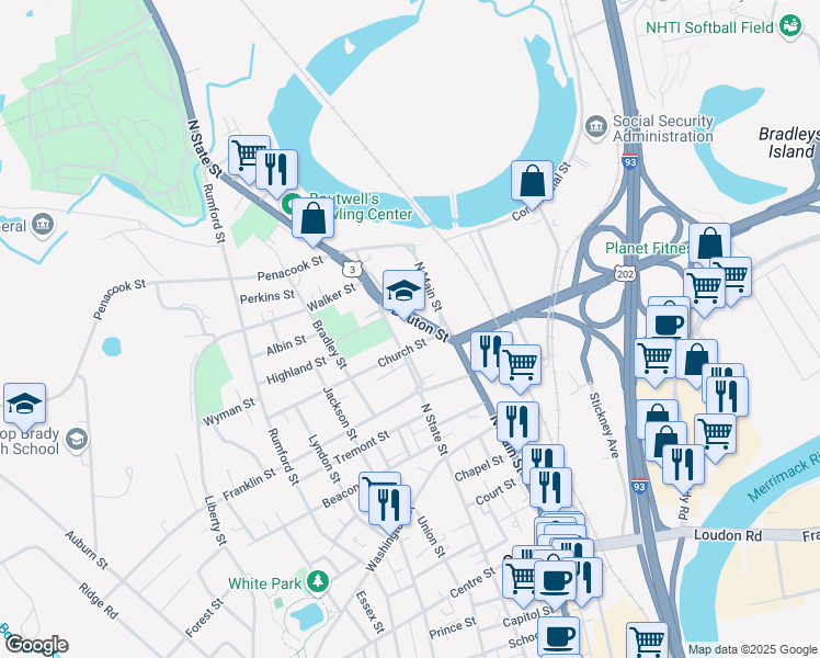 map of restaurants, bars, coffee shops, grocery stores, and more near 4 Church Street in Concord