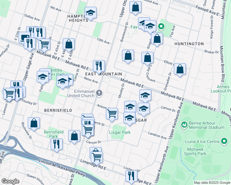 map of restaurants, bars, coffee shops, grocery stores, and more near 15 Gatineau Drive in Hamilton