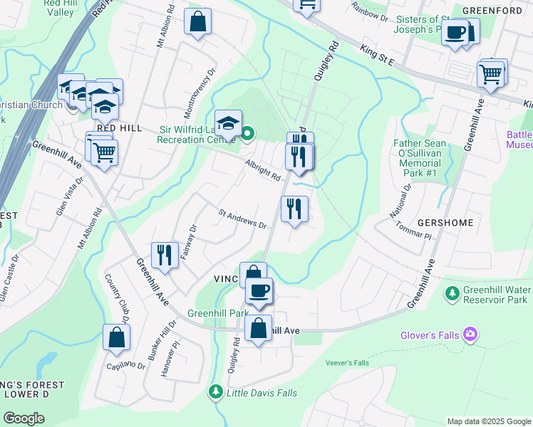 map of restaurants, bars, coffee shops, grocery stores, and more near 10 Saint Andrews Drive in Hamilton