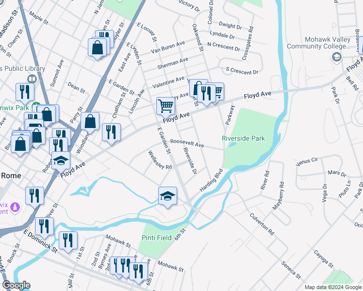 map of restaurants, bars, coffee shops, grocery stores, and more near 810 Roosevelt Avenue in Rome