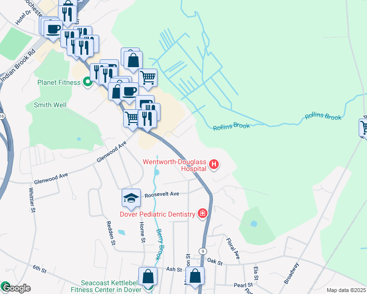 map of restaurants, bars, coffee shops, grocery stores, and more near 801 Central Avenue in Dover