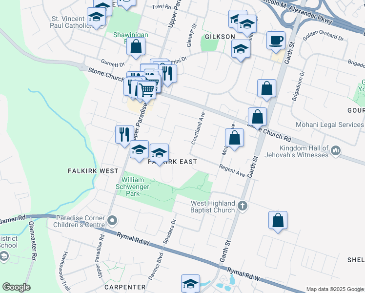 map of restaurants, bars, coffee shops, grocery stores, and more near 9 Marcel Place in Hamilton