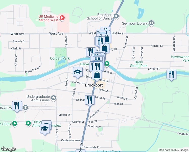 map of restaurants, bars, coffee shops, grocery stores, and more near 35 Lincoln Street in Brockport