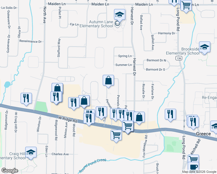 map of restaurants, bars, coffee shops, grocery stores, and more near 113 Pennels Drive in Greece
